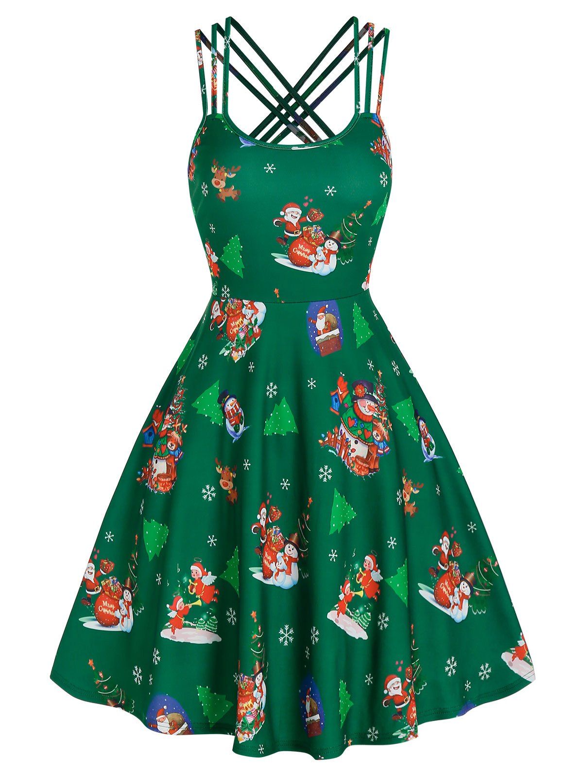 Christmas Printed Crisscross Dress - DEEP GREEN 3XL