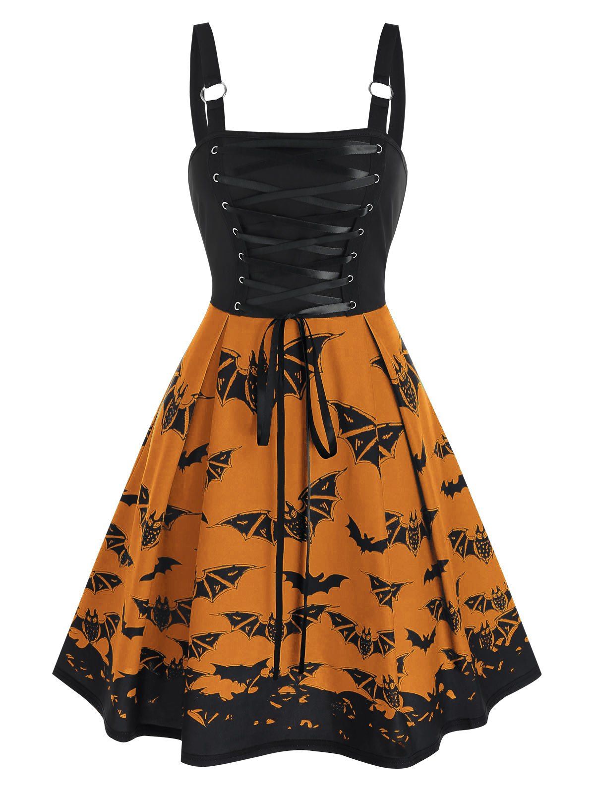 Lace Up Bat Print High Waist Cami A Line Dress - HALLOWEEN ORANGE S