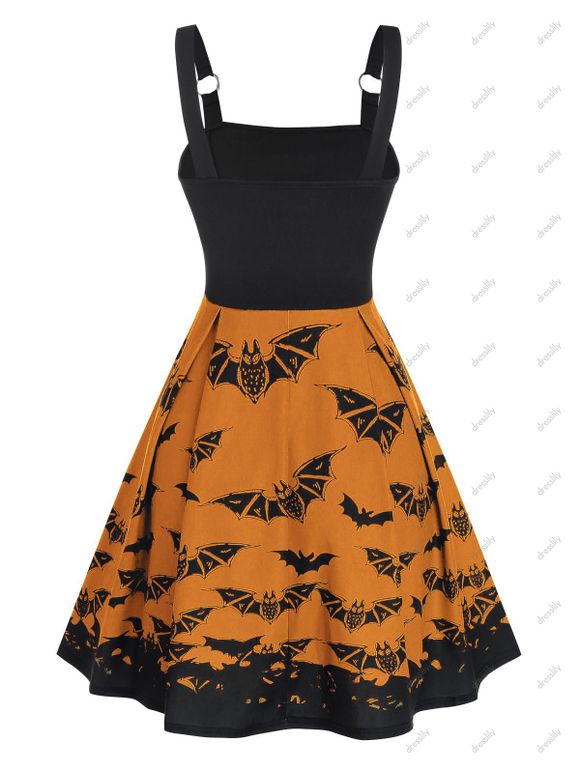 Robe Ligne A à Bretelle Chauve-souris Imprimé à Taille Haute à Lacets - Orange Halloween L