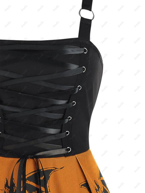 Robe Ligne A à Bretelle Chauve-souris Imprimé à Taille Haute à Lacets - Orange Halloween L
