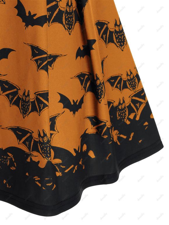 Robe Ligne A à Bretelle Chauve-souris Imprimé à Taille Haute à Lacets - Orange Halloween L