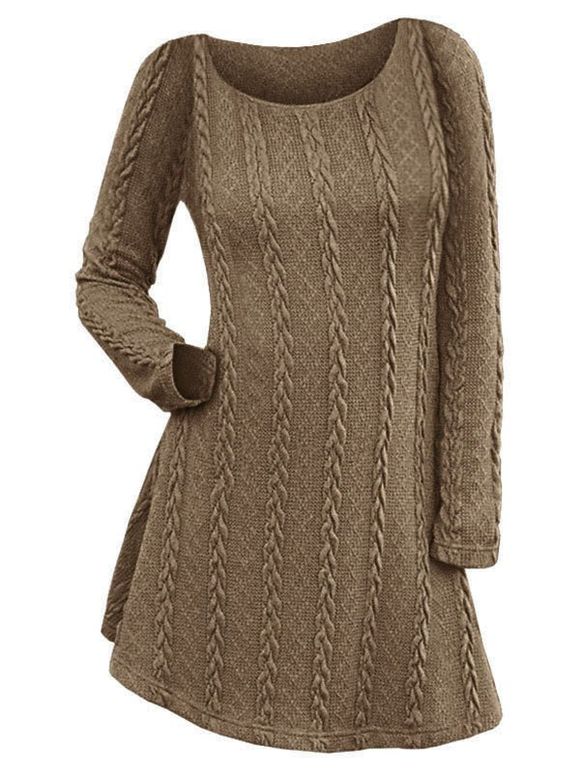 Mini Robe en Tricot à Câble à Manches Longues - café 2XL