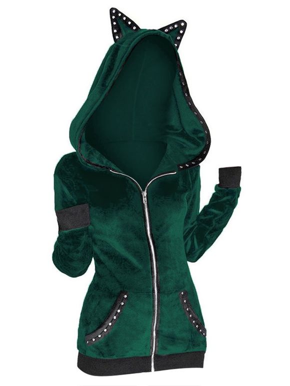 Veste à Capuche Gothique Zippée à Ourlet avec Œillet - Vert profond L