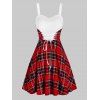Robe à Carreaux Imprimé en Dentelle Insérée sans Manches à Lacets - Rouge M