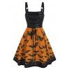 Lace Up Bat Print High Waist Cami A Line Dress - BLACK S