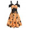 Robe d'Halloween Mi-Longue Linge A à Imprimé Citrouille Animal à Lacets à Volants - Jaune d'Abeille XL