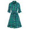 Robe Chemise Ceinturée à Carreaux Imprimée avec Double Poches - Bleu Hosta M