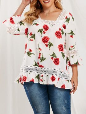 Plus Size Lace Splicing Ruffle Floral Pattern Blouse