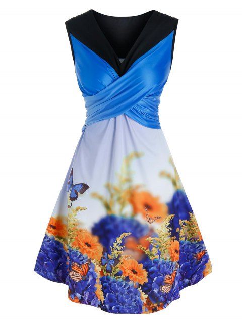 Garden Butterfly Floral Print Crossover Dress