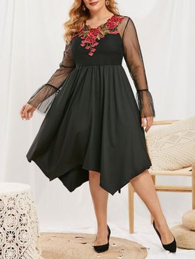 Plus Size Flower Applique Lace Bell Sleeve Dress with Camisole