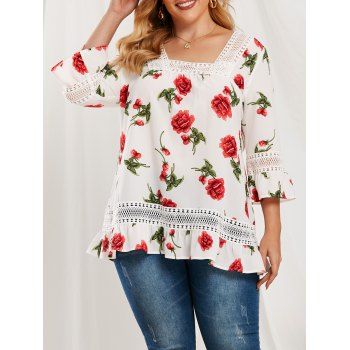 

Plus Size Lace Splicing Ruffle Floral Pattern Blouse, White