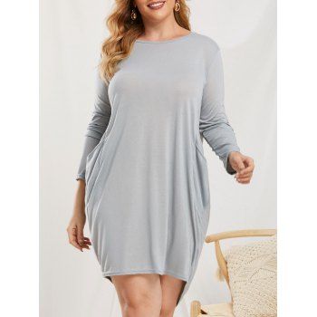 

Plus Size Pockets High Low Baggy Dress, Light gray