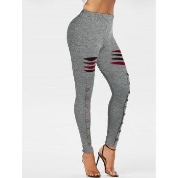 Image of Button Embellished Plaid Print Ripped Pants