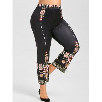 

Plus Size High Rise Floral Print Pants, Black