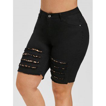 

Ripped Leopard Panel Plus Size Bermuda Shorts, Black