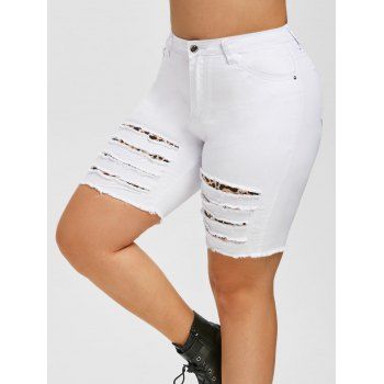 

Ripped Leopard Panel Plus Size Bermuda Shorts, White