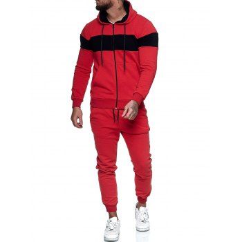 

Contrast Zip Up Hoodie Jacket and Pants Sports Two Piece Set, Red