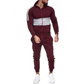 

Contrast Zip Up Hoodie Jacket and Pants Two Piece Sports Set, Red wine