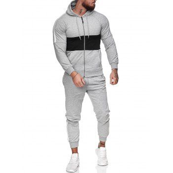 

Contrast Zip Up Hoodie Jacket and Pants Two Piece Sports Set, Light gray