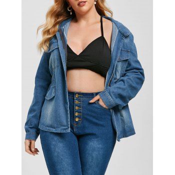 

Ripped Flap Pockets Zip Up Denim Plus Size Jacket, Blue