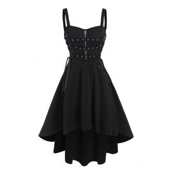 

Sleeveless Zipper Detail Lace-up High Low Dress, Black
