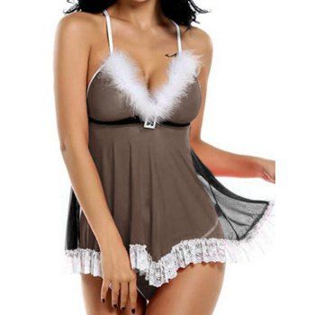 

Faux Fur Insert Lace Trim Mesh Babydoll, Black