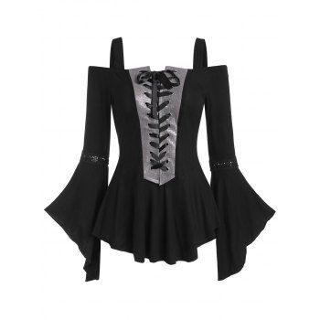 

Faux Leather Insert Lace Up Cold Shoulder Flare Sleeve T-shirt, Black