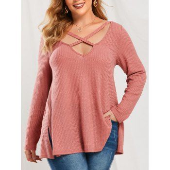

Plus Size Crisscross Side Slit Knitwear, Valentine red