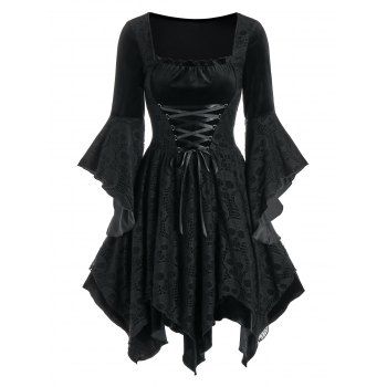 

Halloween Skull Lace Insert Velvet Handkerchief Dress, Black