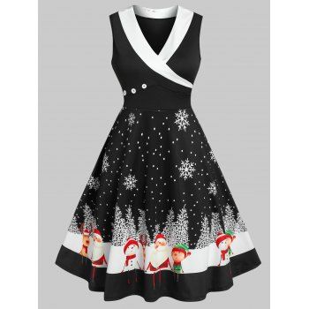 

Christmas Shawl Collar Printed Knee Length Dress, Black