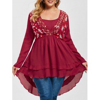 

Plus Size Sequins Embroidered Mesh High Low Surplice Top, Deep red