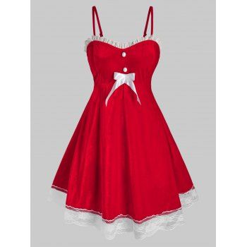 

Plus Size Velvet Lace Hem Christmas Dress with G-string Set, Red