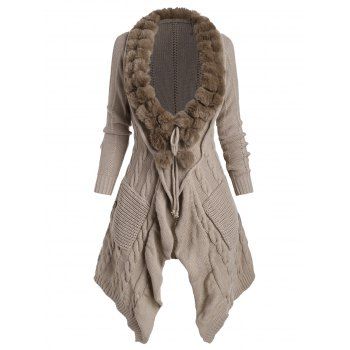 

Faux Fur Collar Cable Knit Pocket Mock Button Cardigan, Light coffee