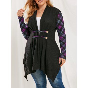 

Plus Size Plaid Sleeve Draped Waterfall Knit Cardigan, Purple iris