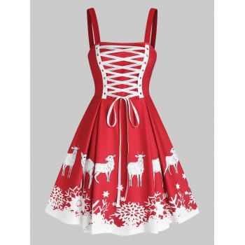 

Snowflake Elk Print Lace Up Christmas Dress, Red