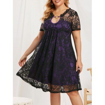 

Plus Size Keyhole O Ring Lace Dress, Black