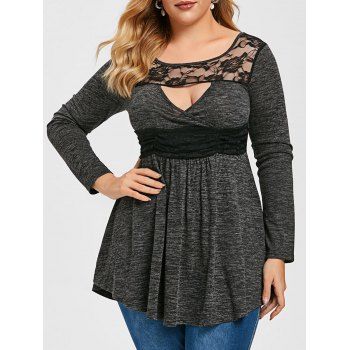 

Plus Size Cutout Lace Insert Space Dye Tee, Black