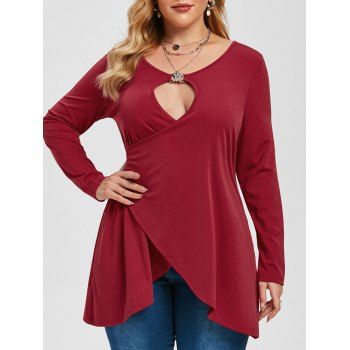 

Plus Size Cutout Crossover High Low Tee, Firebrick