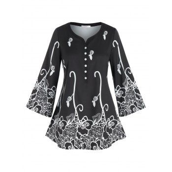 

Plus Size Flower Print Half Placket Tunic Tee, Black