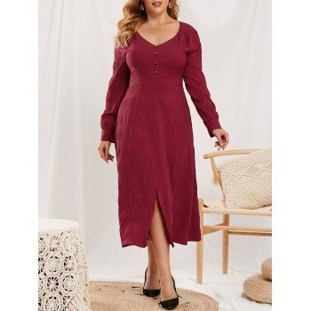 

Plus Size Slit Mock Button V Neck Dress, Red wine