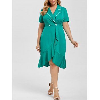 

Double Breasted Flounces Lapel Plus Size Dress, Green