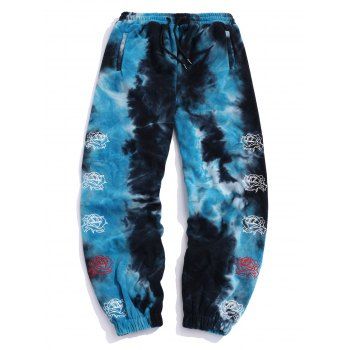 

Tie Dye Pattern Flower Embroidered Fleece Casual Pants, Deep blue