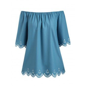 

Laser Cut Scalloped Trim Off Shoulder Plus Size Blouse, Blue