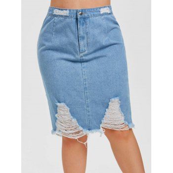 

Plus Size High Rise Ripped Denim Skirt, Blue