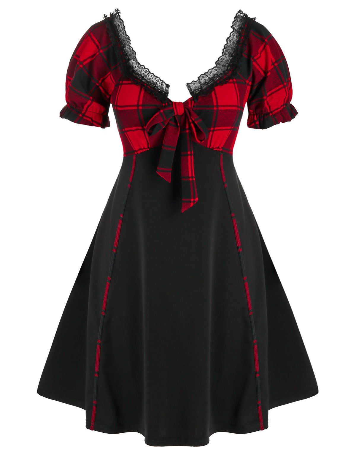 [37% OFF] 2021 Plus Size Plaid A Line Knot Milkmaid Dress In RED WINE ...