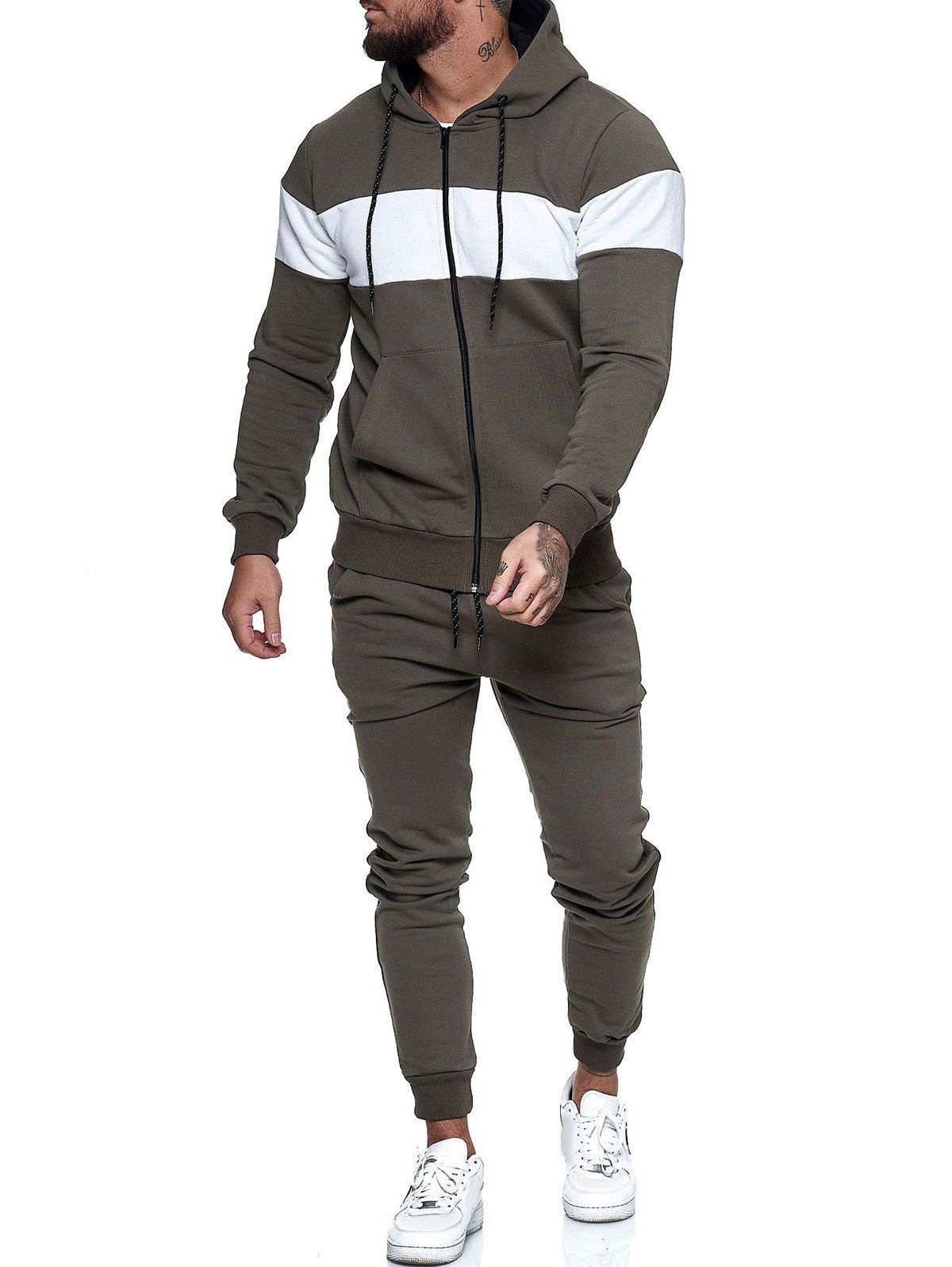 Contrast Zip Up Hoodie Jacket and Pants Sports Two Piece Set - ARMY GREEN XS