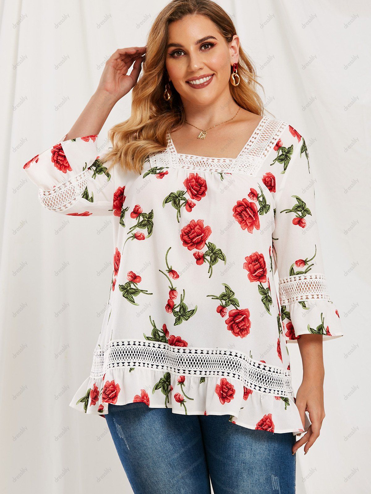 27% OFF 2021 Blouse Motif Fleuri En Dentelle Jointive De ...