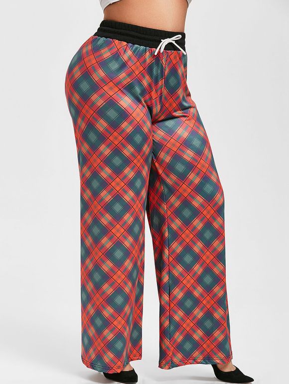 Pantalon à Carreaux Jambe Large Grande Taille à Cordon - Rouge 5X