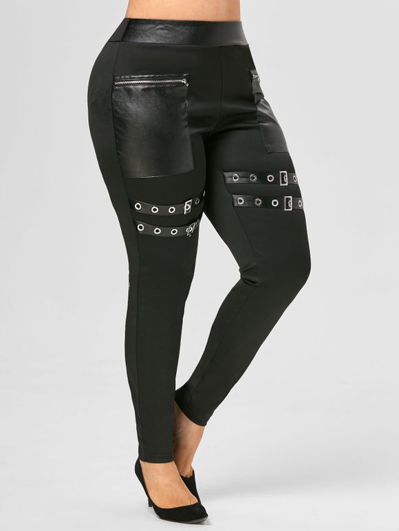 Pantalon Bouclé Grande Taille en PU Inséré - Noir 5X