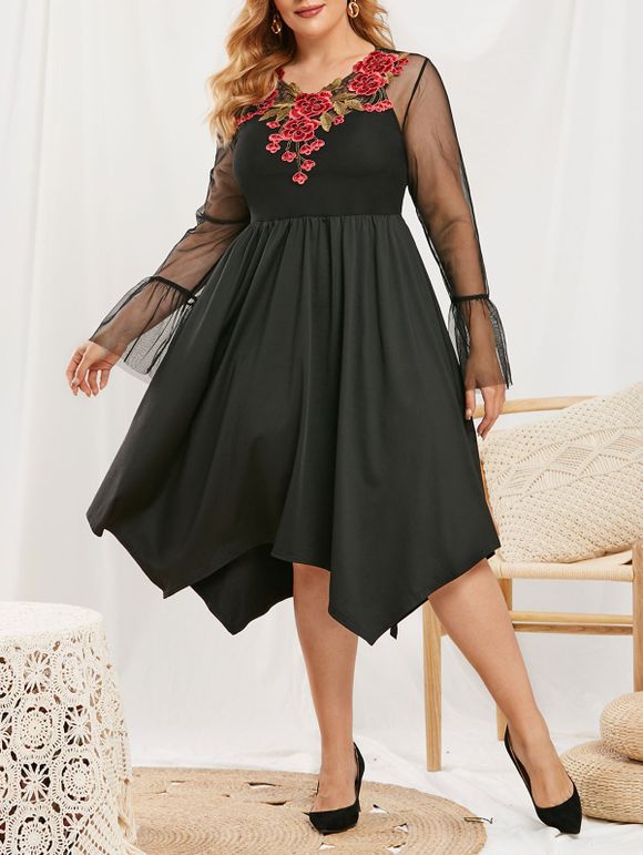 Plus Size Flower Applique Lace Bell Sleeve Dress with Camisole - BLACK 1X